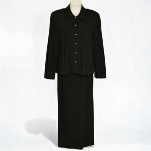 Vintage 90s Doncaster Black Jersey Maxi Skirt Jacket Set Pearl Buttons Size 10